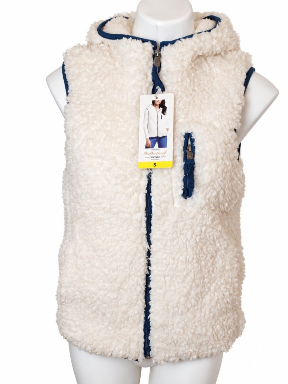 Small "Vintage" Women’s Ivory Sherpa Fleece Hooded Vest NWT Casual Winter Fall